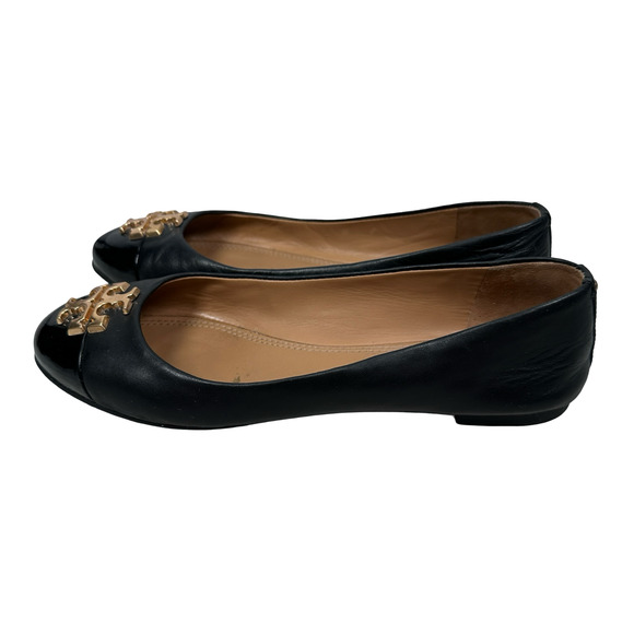 Tory Burch Everly Ballet Flats Women’s 7.5 Black Leather Gold Logo Slip-On Shoes - Picture 3 of 10